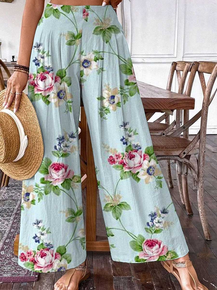 Women's Rose Floral Pattern Cotton Wide Leg Pants