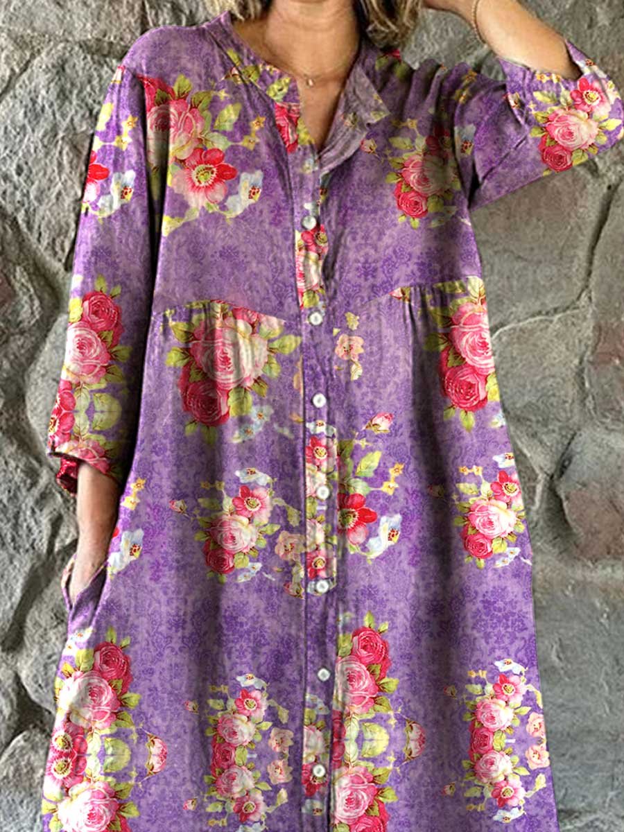 Women's Rose Floral Print Elegant Simple Shirt Cotton and Linen Dress