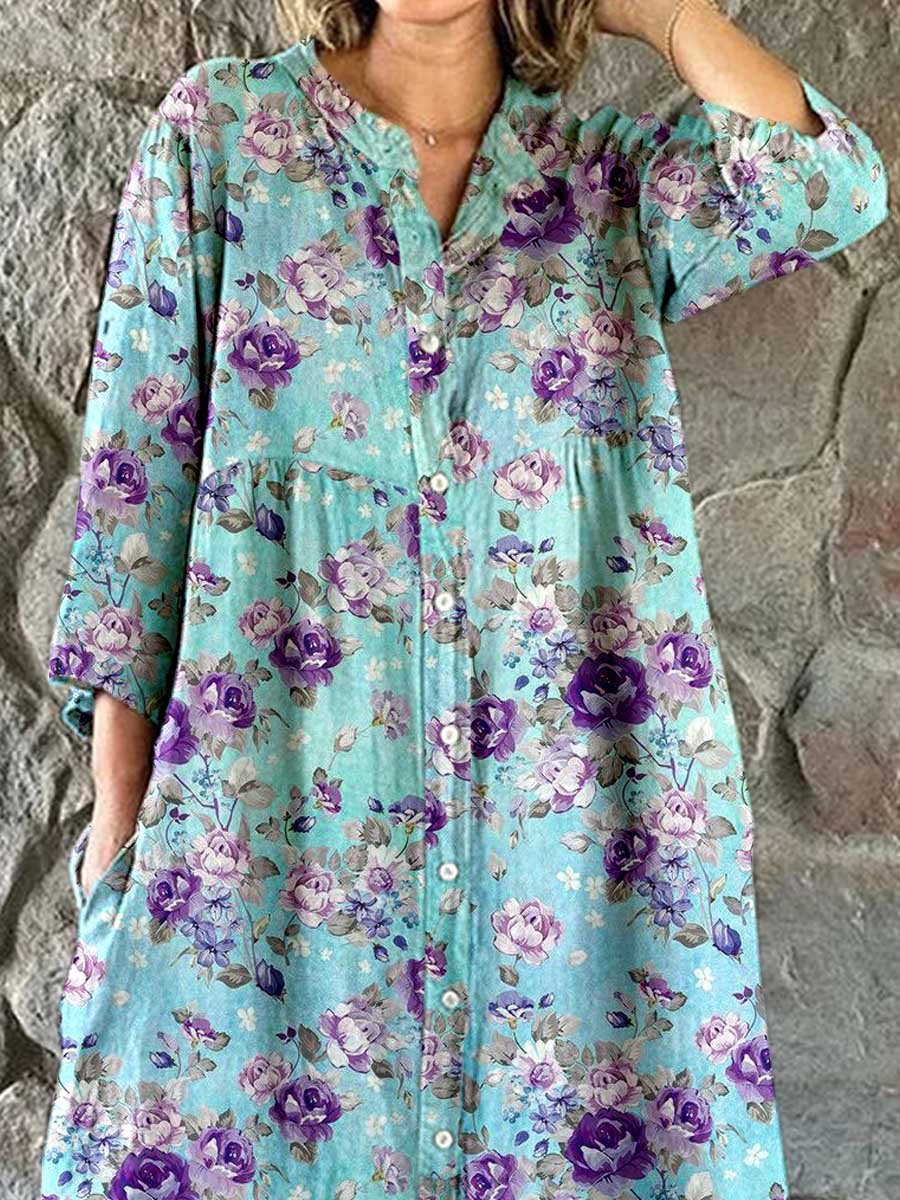 Women's Elegant Floral Pattern Shirt Style Cotton and Linen Dress