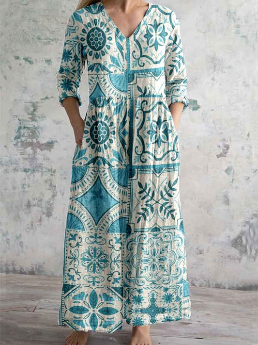 Women's Arty Bohemian Pattern V-Neck Cotton and Linen Dress