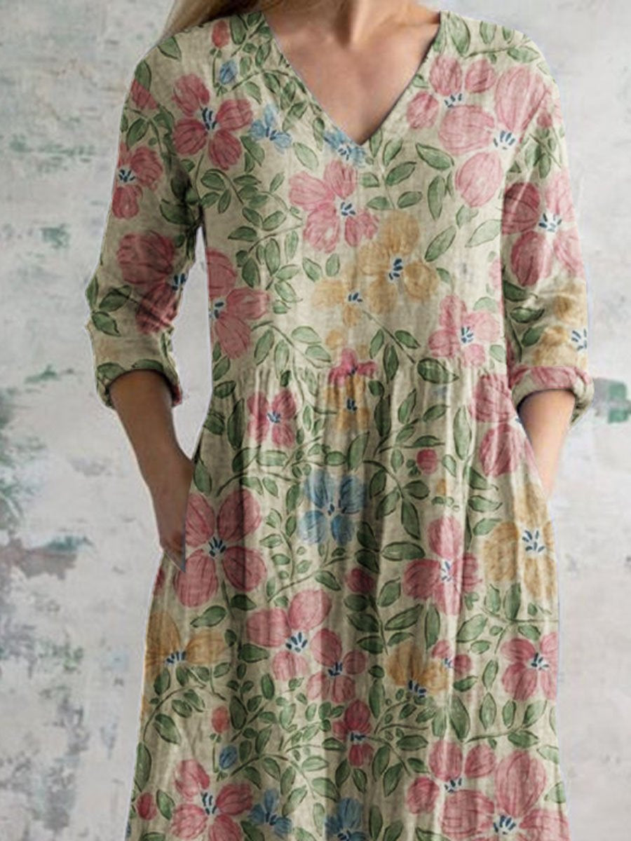 Women's Art Floral Print Casual Vintage Cotton Dress