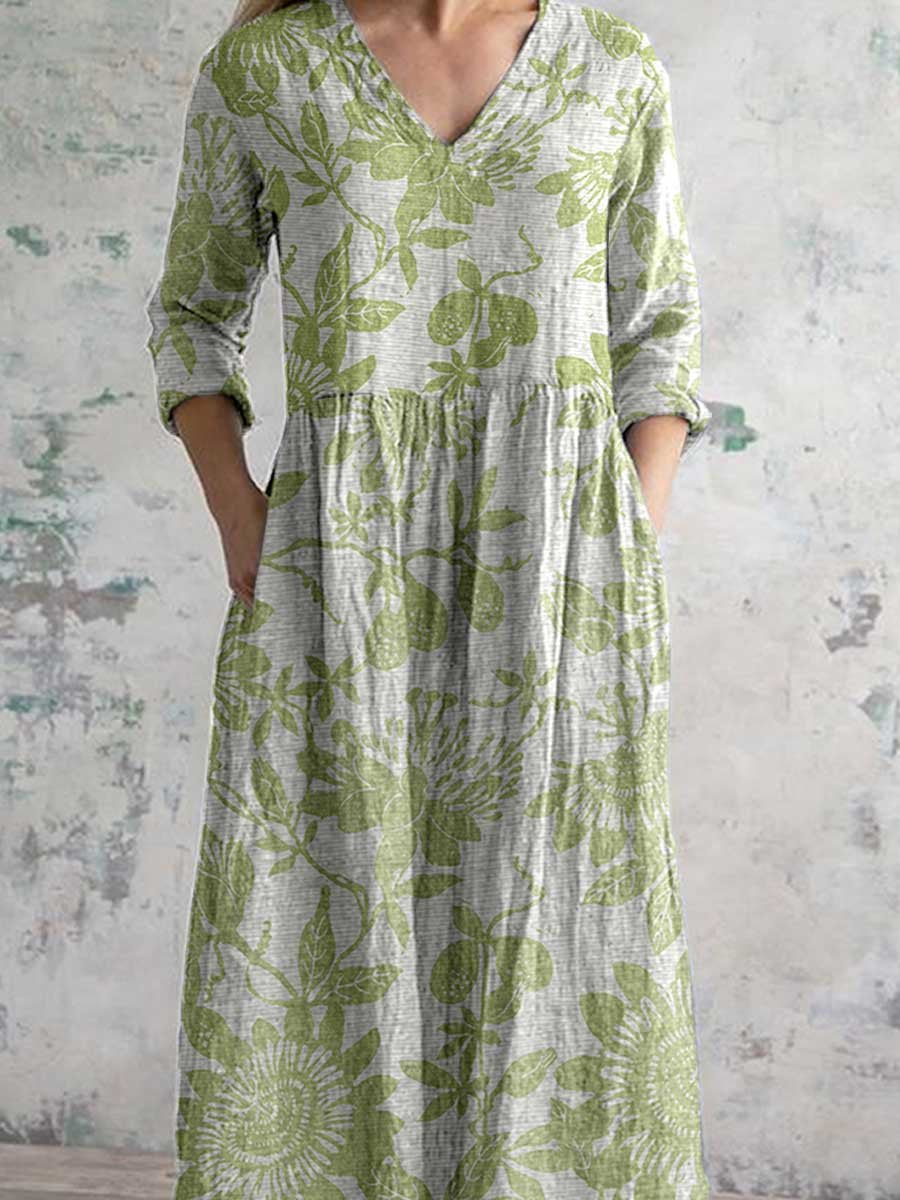 Women's Elegant Floral Pattern V-Neck Cotton Dress