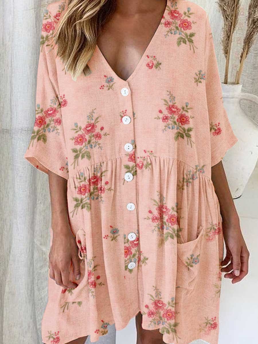 Women's Elegant Rose Floral Pattern V-Neck Cardigan Cotton and Linen Dress