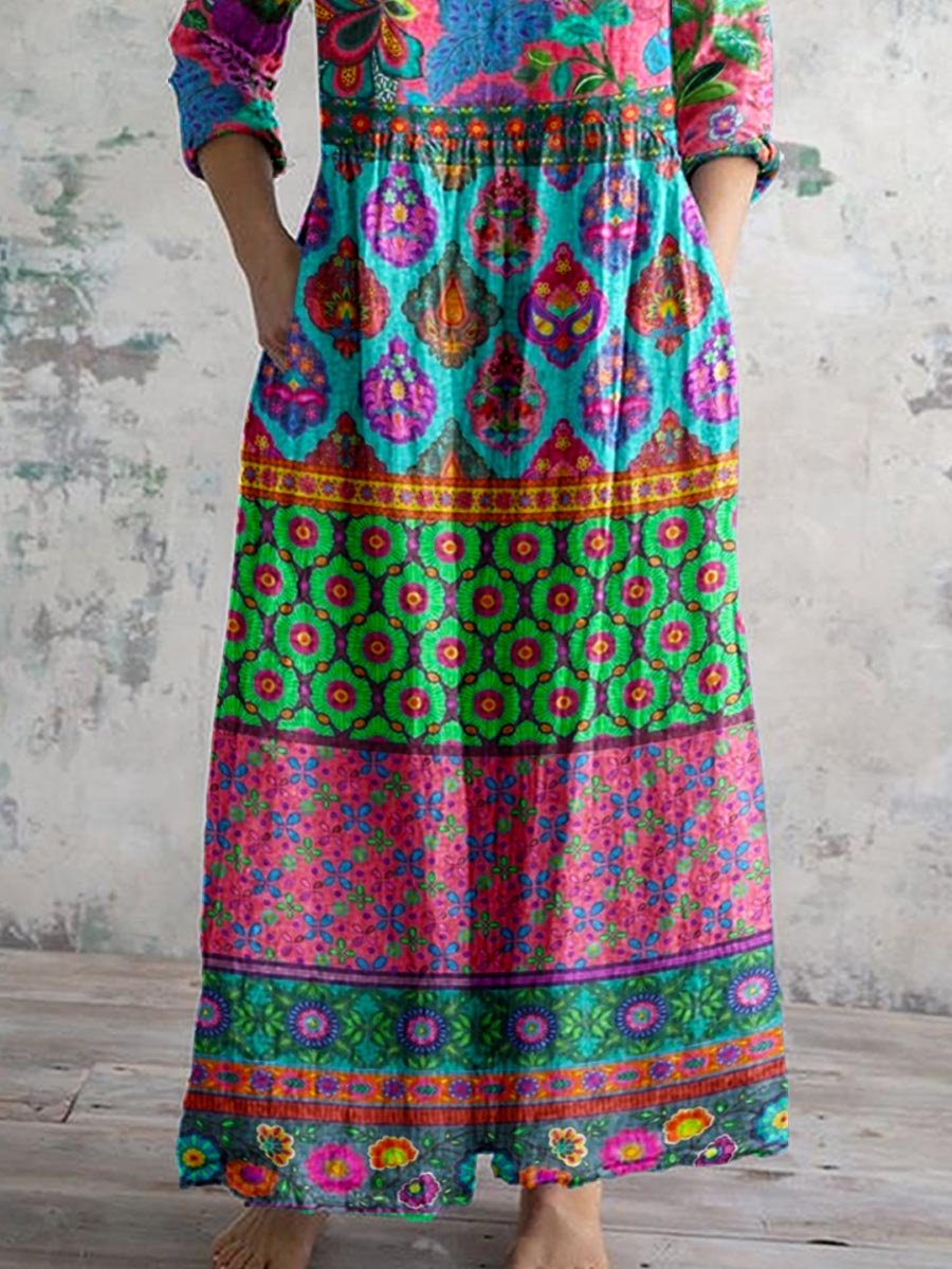 Women's Ethnic Floral Geometric Pattern V-neck Cotton Dress