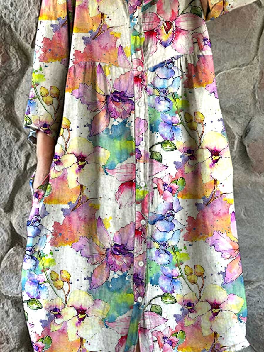 Women's Watercolor Floral Pattern Shirt Cotton And Linen Dress With Pockets