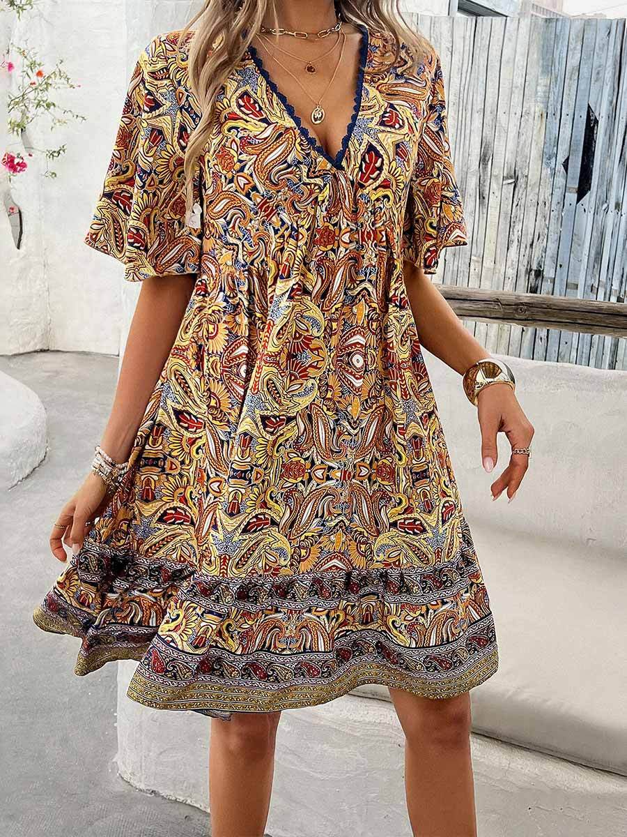 Women's Botanical Print V-Neck Dress