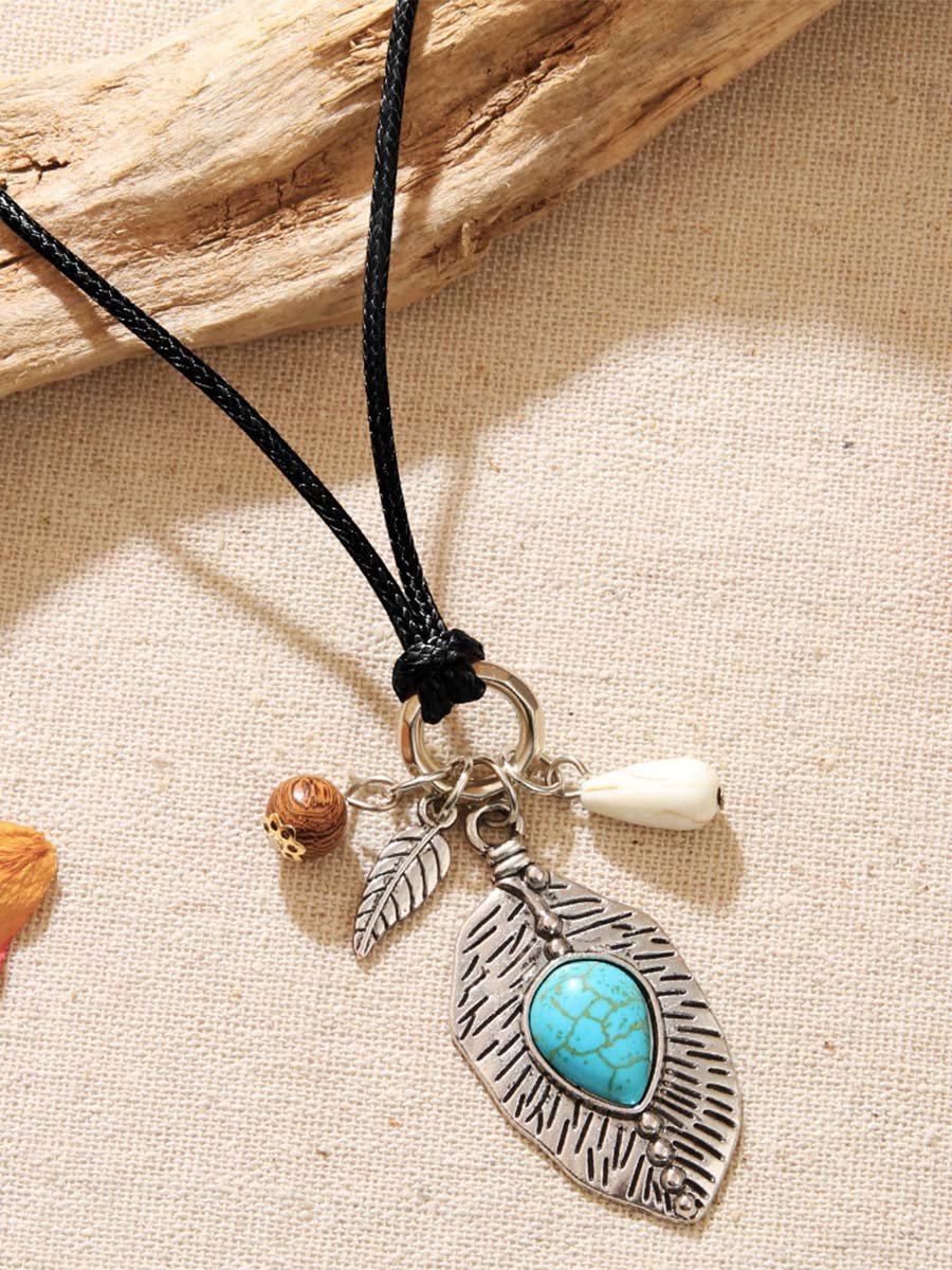 Turquoise Pendant Bohemian Jewelry Wax Rope Necklace