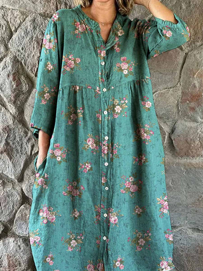 Women's Elegant  Rose Floral Pattern Shirt Style Cotton and Linen Dress