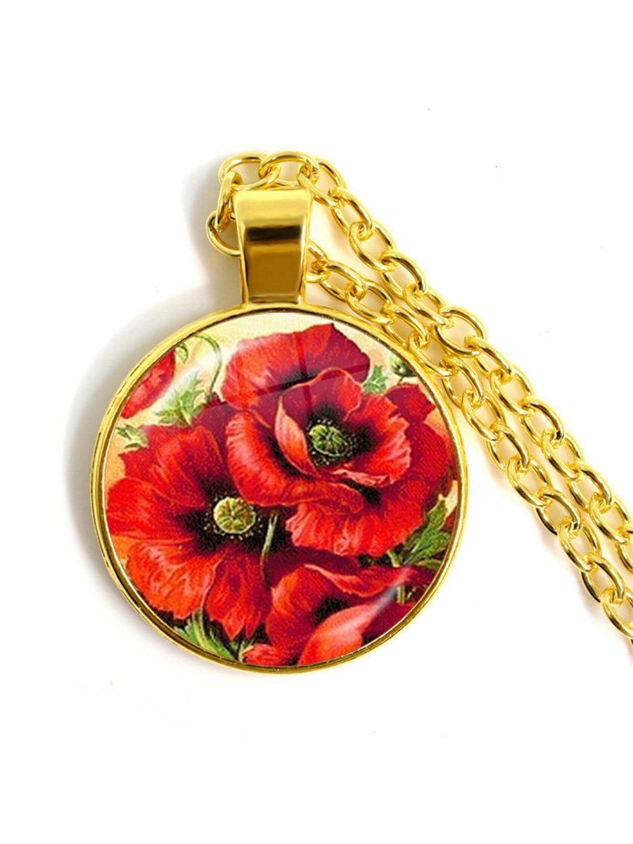 Stylish Poppy Pattern Glass Round Gold Necklace