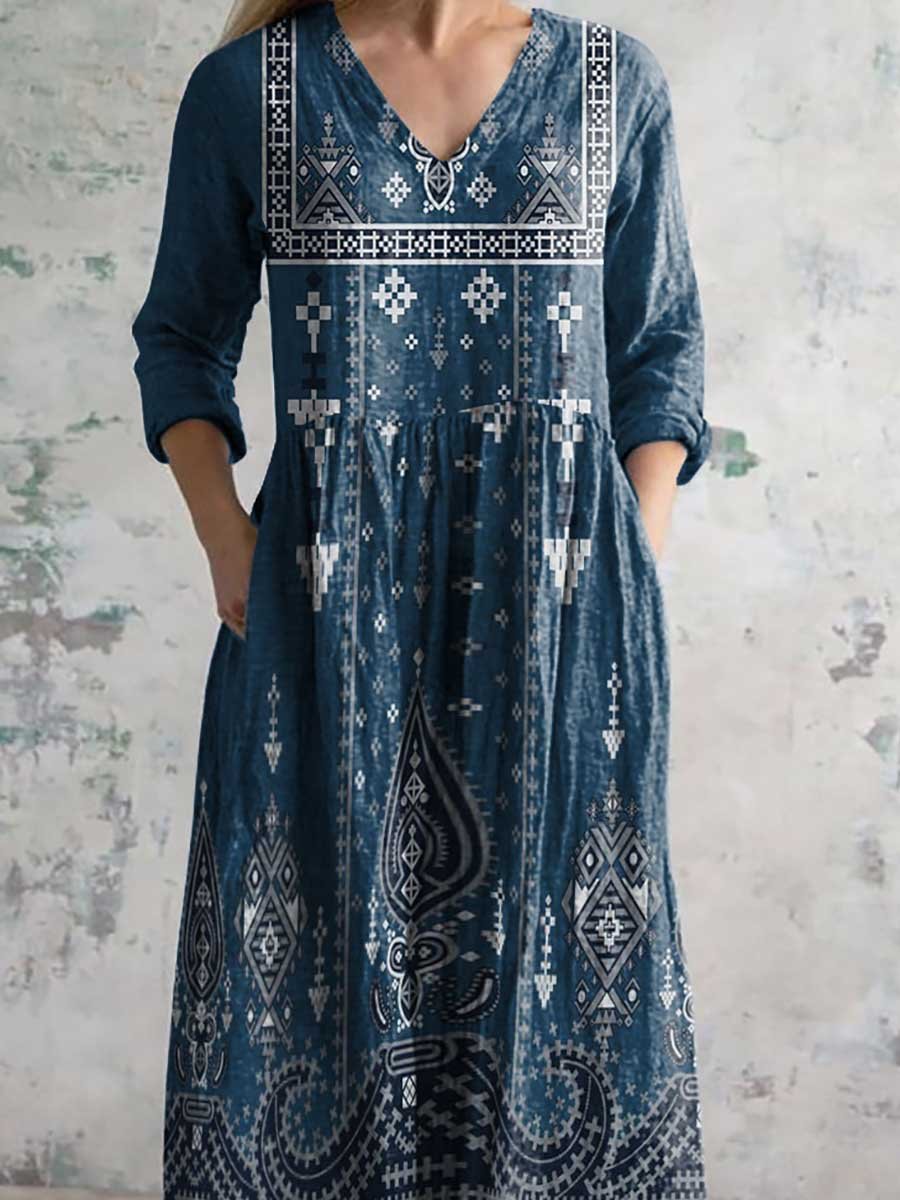 Women's V-Neck Bohemian Pattern Cotton and Linen Pocket Dress