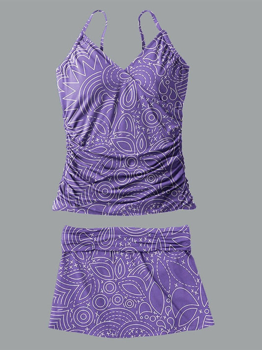 Women’s V-neck Line Print Suspender Skirt Tankini Set Swimsuit