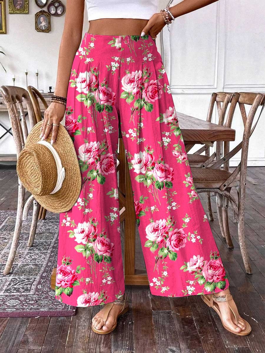 Women's Rose Floral Pattern Cotton and Linen Pants