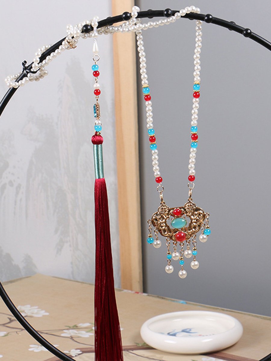 Chinese Elements Gold Lock Tassel Pendant Necklace