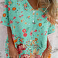 Women's Elegant Floral Pattern V-Neck Shirt Style Cotton and Linen Top