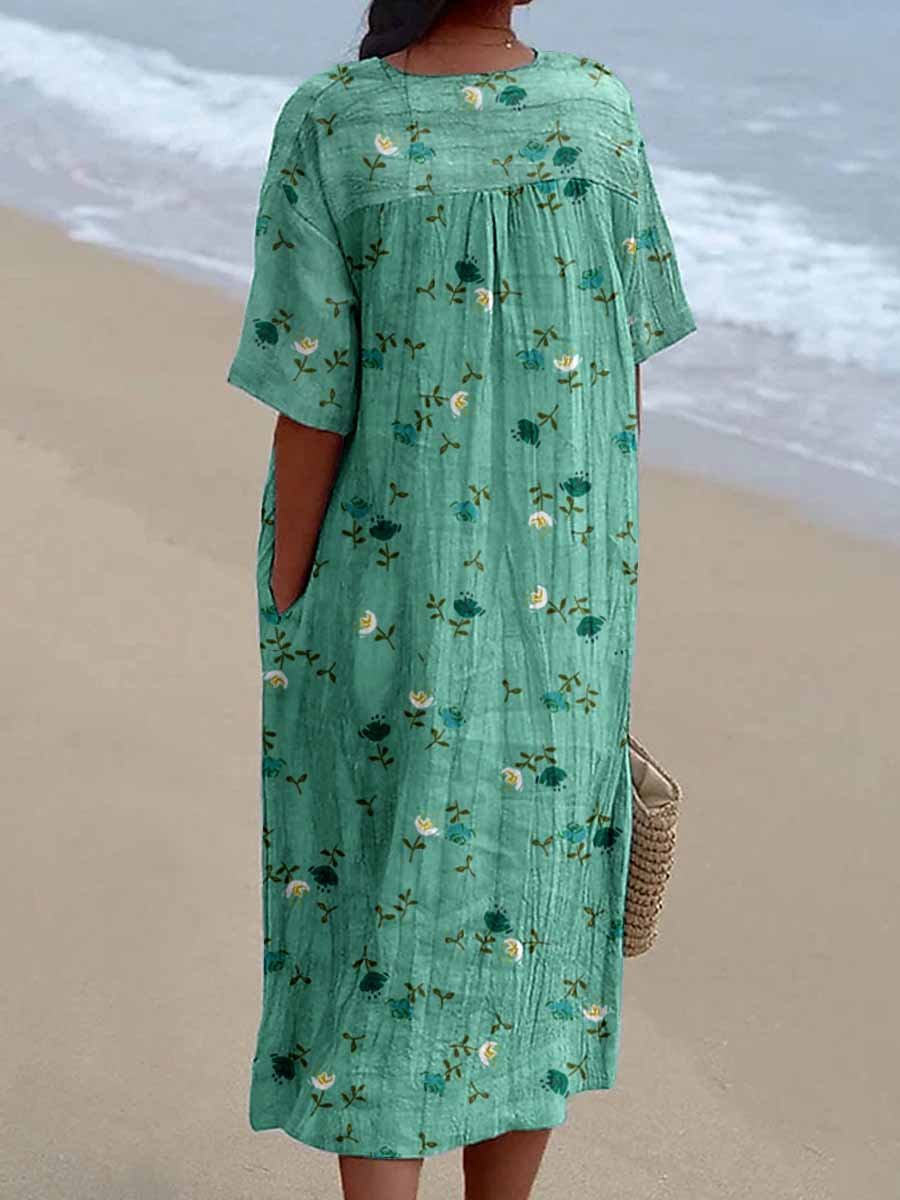 Women's Seaside Resort Floral Pattern Cotton and Linen Dress