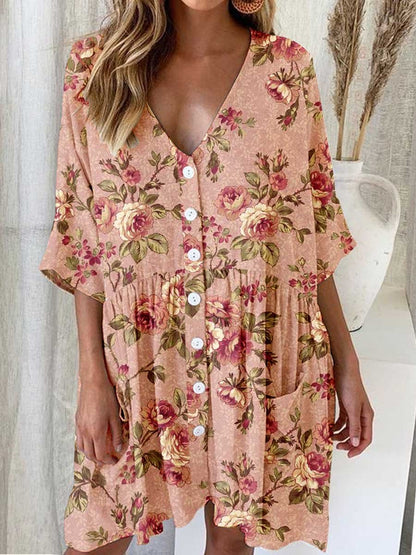 Women's Elegant Rose Floral Pattern V-Neck Cardigan Cotton and Linen Dress