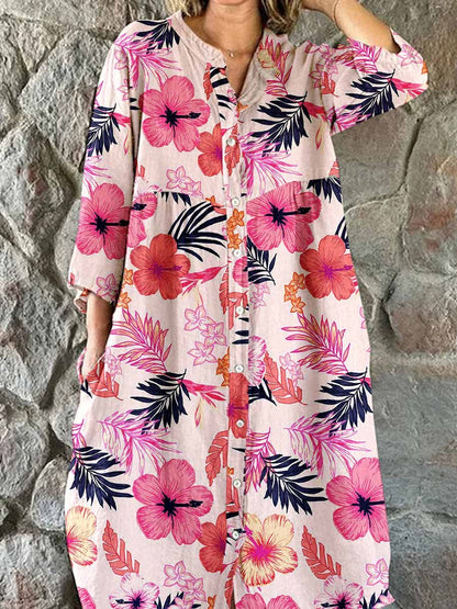 Women's Tropical Floral Shirt Style Cotton and Linen Dress