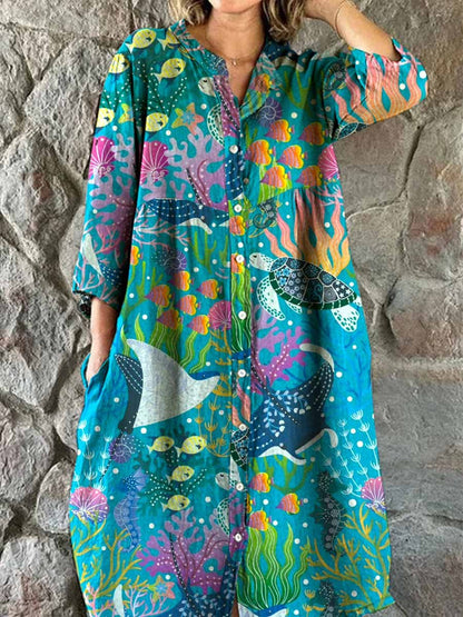 Women's Underwater World Pattern Resort Style Cotton and Linen Dress