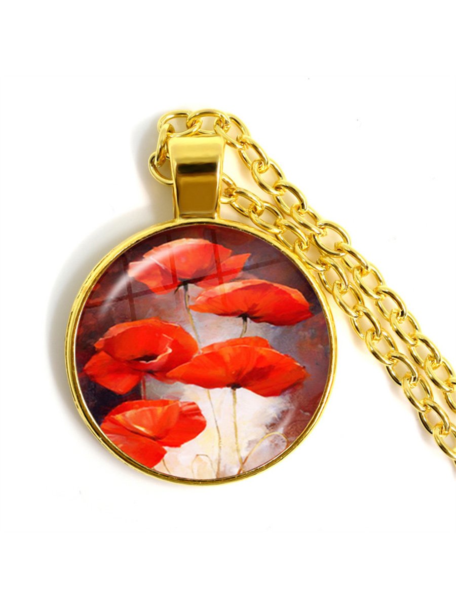 Stylish Poppy Pattern Glass Round Gold Necklace