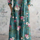 Women's Elegant Rose Floral Print V-Neck Cotton and Linen Dress with Pockets