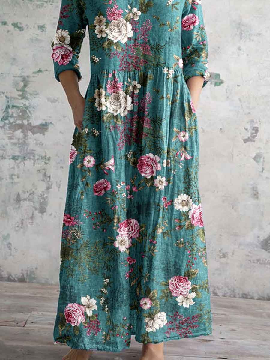 Women's Elegant Rose Floral Print V-Neck Cotton and Linen Dress with Pockets