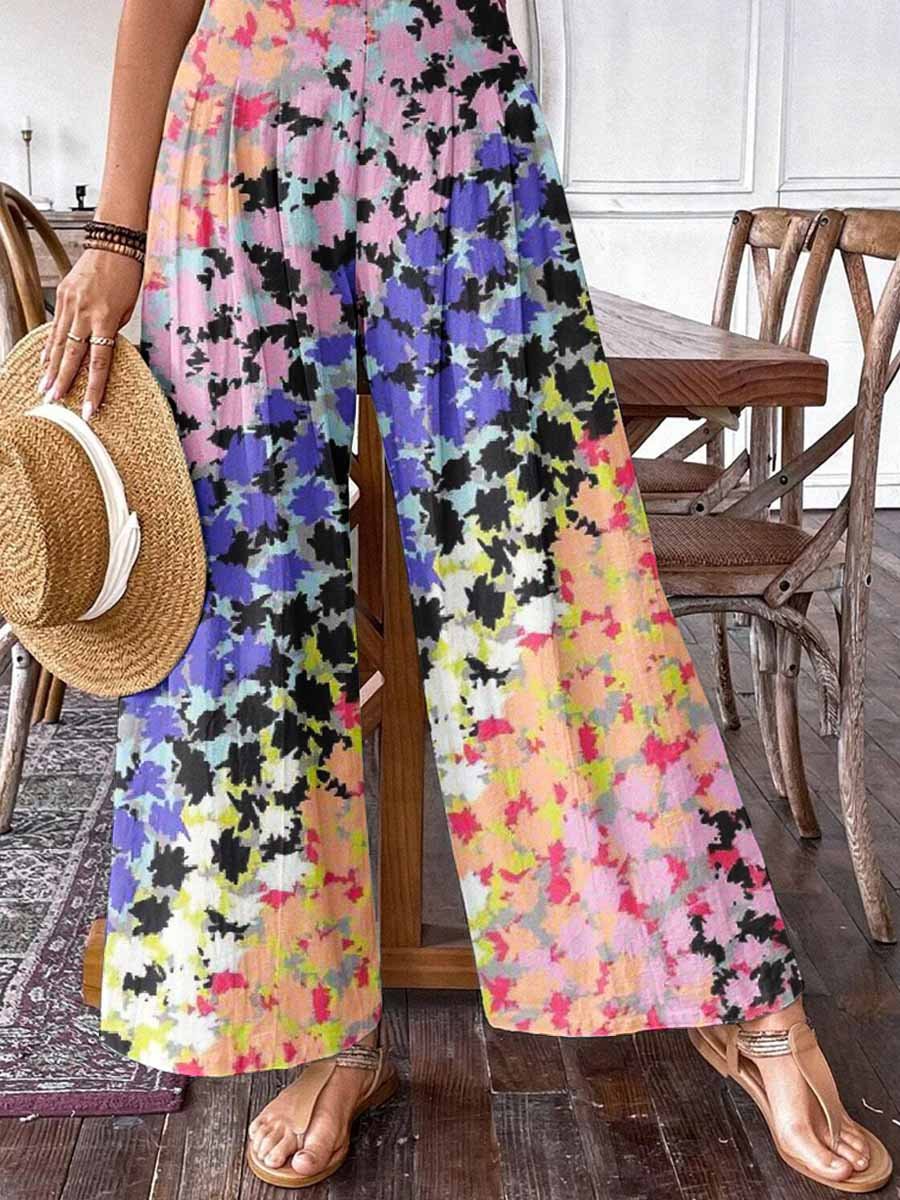 Women's Summer Floral Print Pattern Cotton Wide Leg Pants