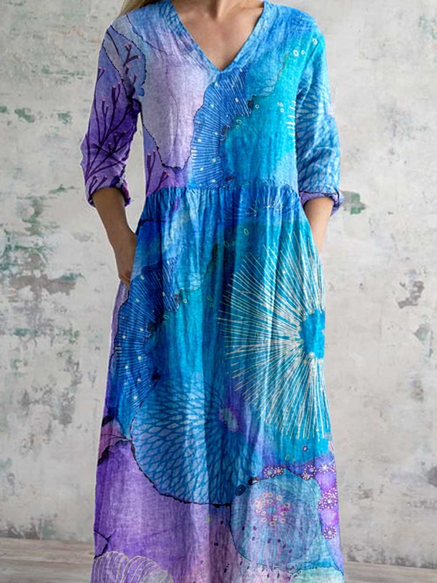 Women's Artistic Color Gradient V-neck Cotton And Linen Dress