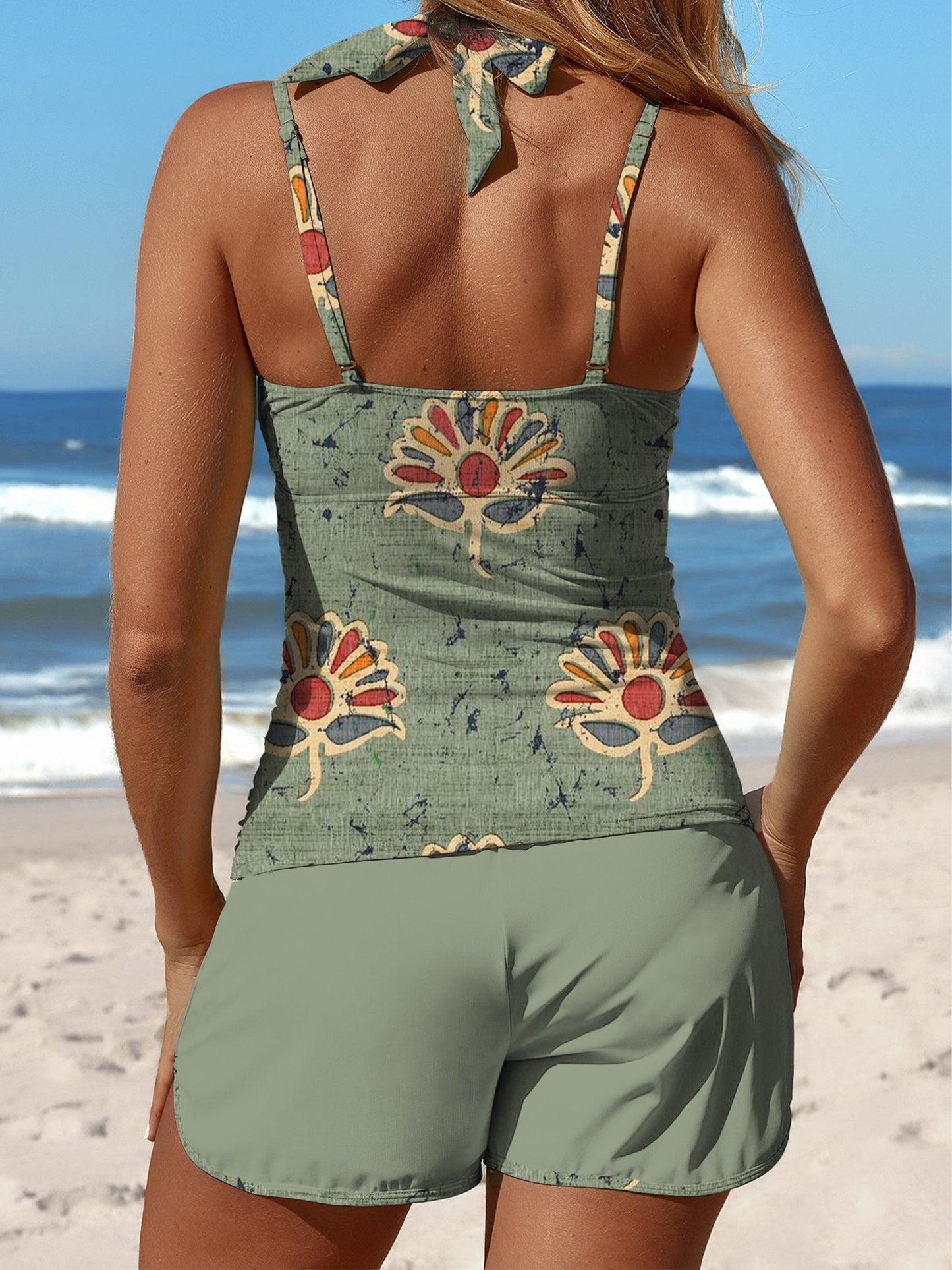 Retro Green Flower Print Halter Patchwork Mid Waisted Tankini Short Set Swimsuit