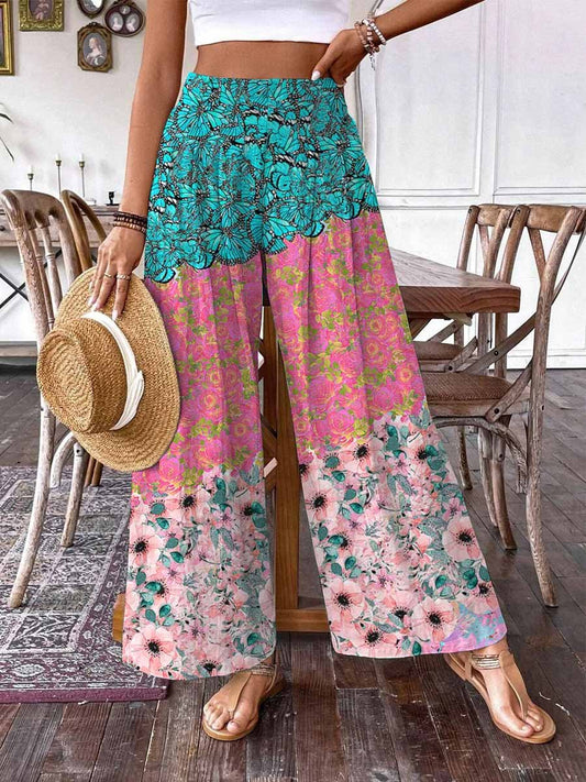 WWomen's Summer Floral Print Pattern Cotton Wide Leg Pants