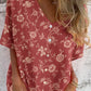 Women's Simple Floral V-neck Shirt-Style Cotton and Linen Top