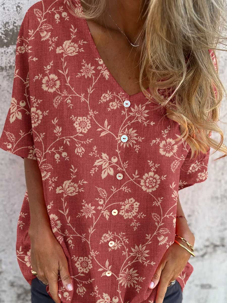 Women's Simple Floral V-neck Shirt-Style Cotton and Linen Top