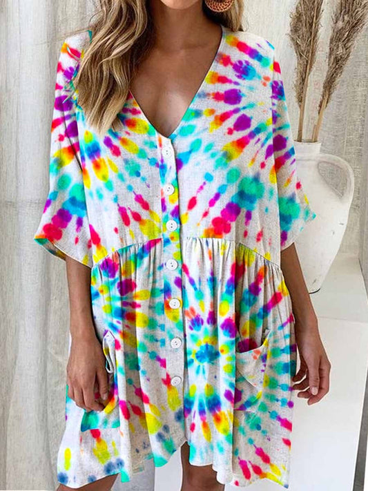 Women's Rainbow Tie-Dye Printed Cotton And Linen Dress