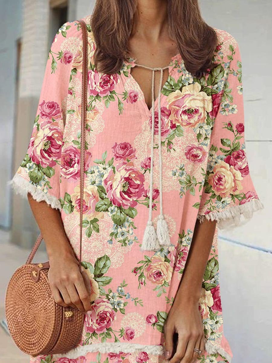 Women's Elegant Rose Floral Print V-Neck Strappy Raw Edge Cotton And Linen Dress