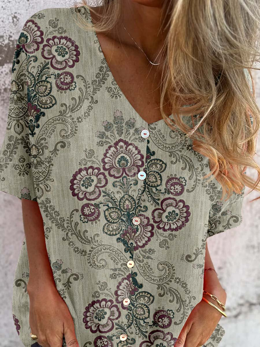 Women's Elegant Resort Boho Pattern Shirt Style Cotton and Linen Top