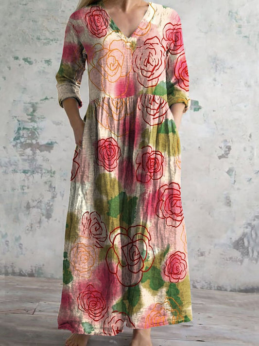Women's Vintage Floral Art Pattern Printed Casual Cotton Dress