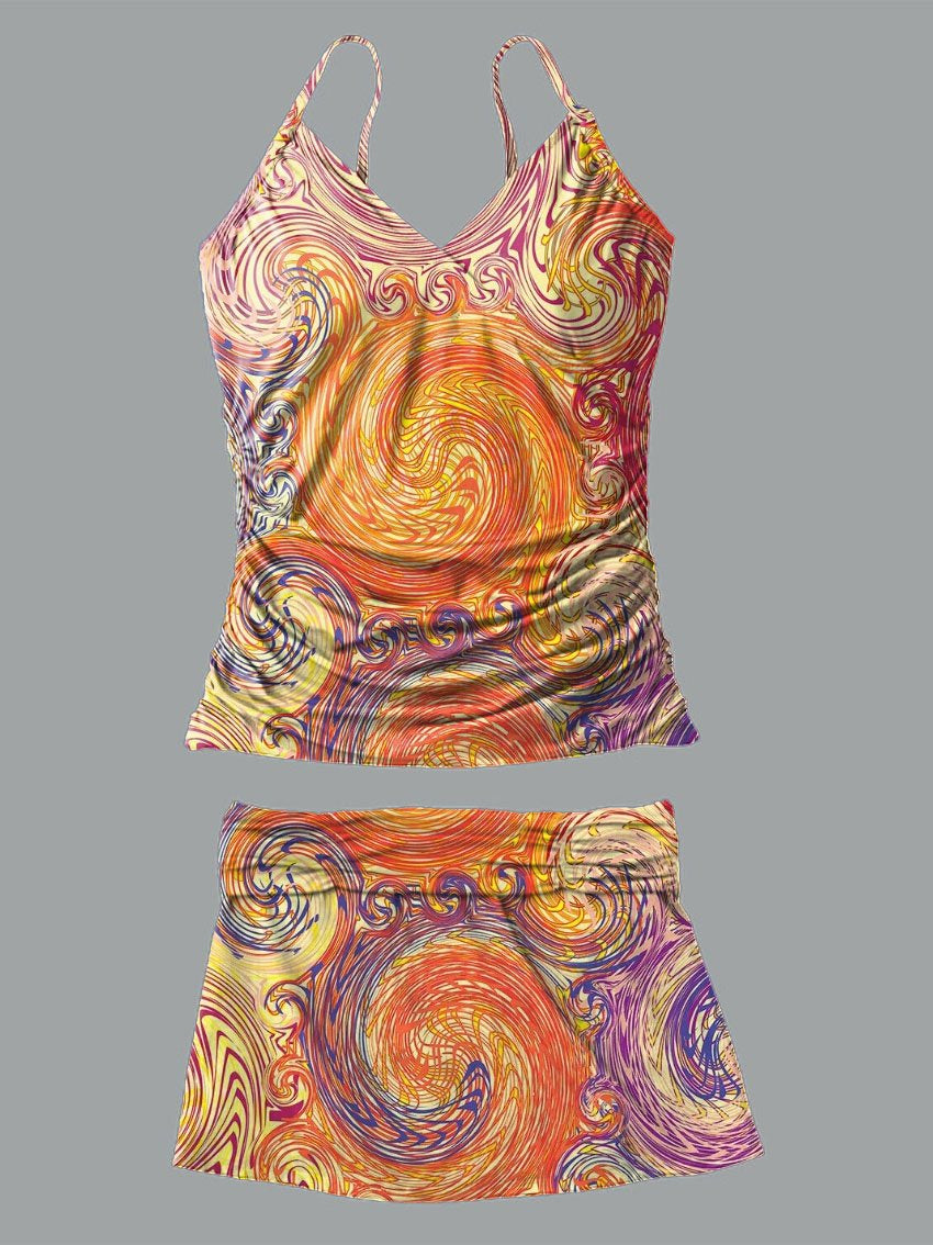 V-neck Orange Spiral Texture Print Suspender Skirt Tankini Pantskirt Set Swimsuit