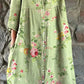 Women's Rose Floral Pattern Cotton and Linen Shirt Dress