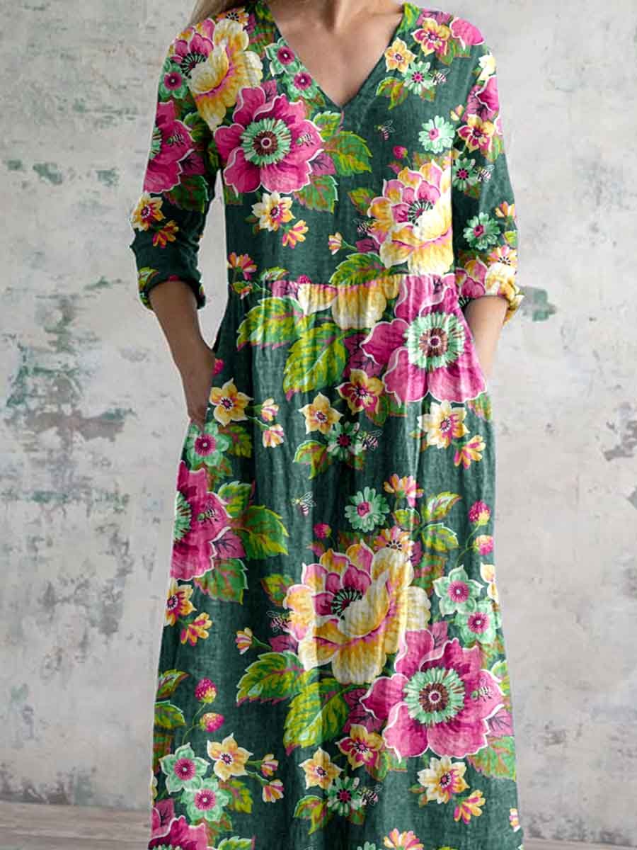 Women's Vintage Elegant Floral Pattern Cotton and Linen Dress with Pockets