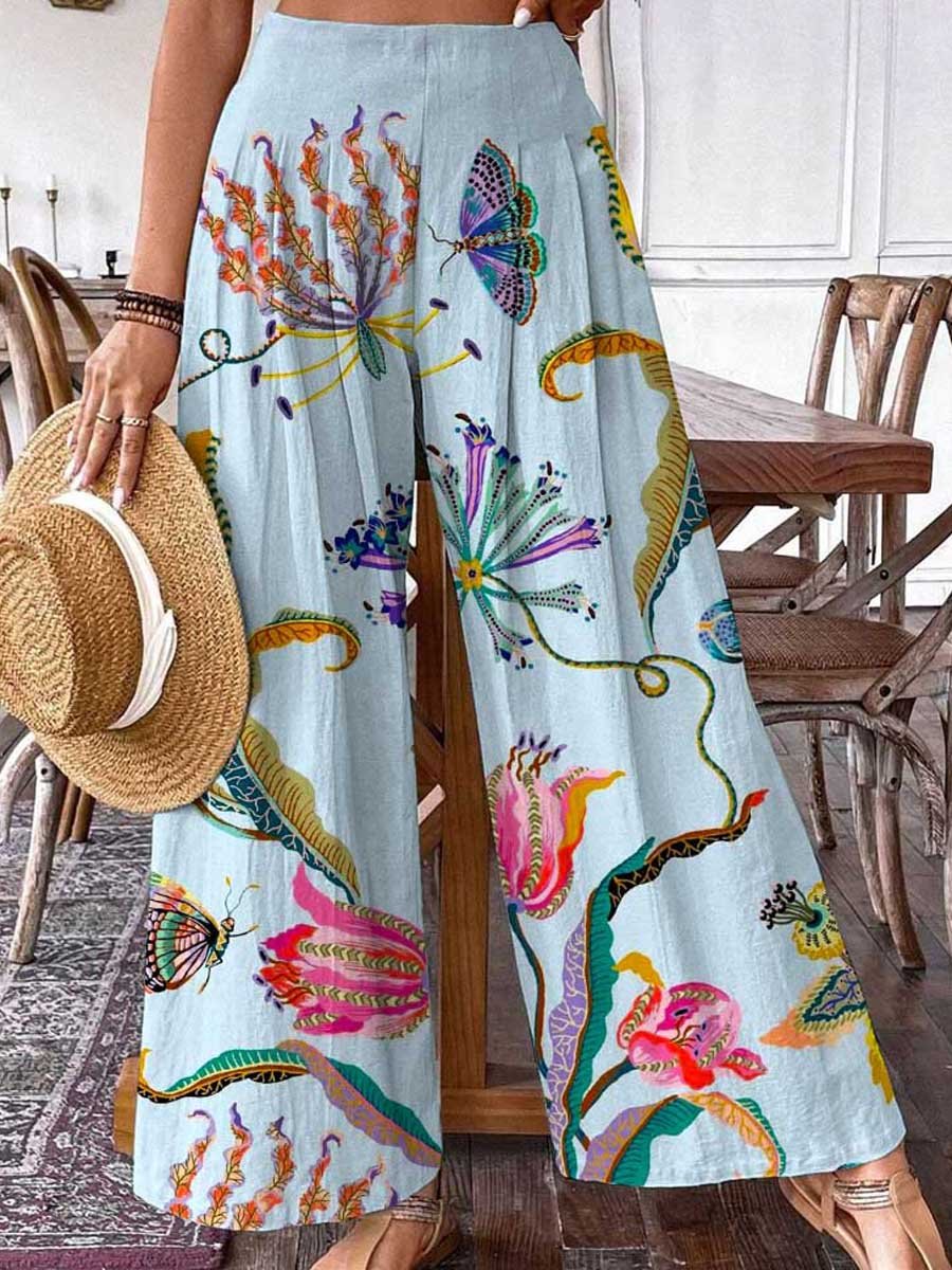 Women's Bohemian Floral Pattern Cotton and Linen Pants