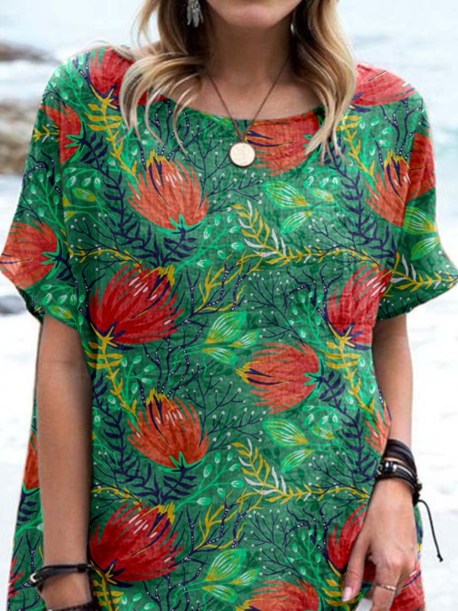 Women's Tropical Poppy Floral Crew Neck Cotton and Linen Top