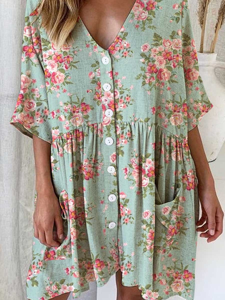 Women's Elegant Rose Floral Pattern Shirt Style Cotton and Linen Dress