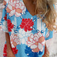 Women's Summer Rose Floral V-Neck Shirt-Style Cotton and Linen Top