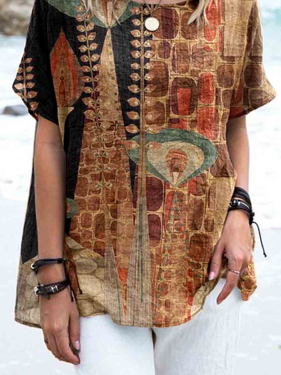 Women's Retro Art Geometric Pattern Printed Linen Top