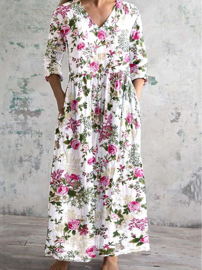 Women's Art Rose Floral V Neck Cotton and Linen Dress With Pockets