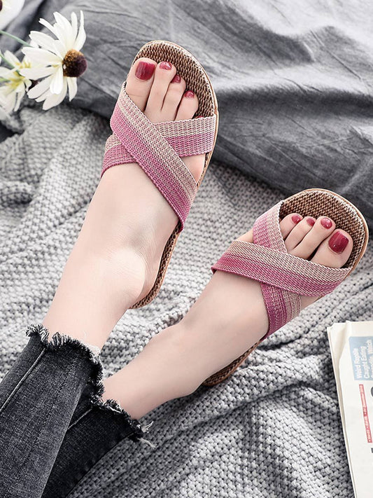 Women's Colorblock Linen Thick Sole Non-Slip Home Slippers