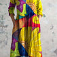 Women's V-neck Rainbow Art Cotton And Linen Dress With Pockets