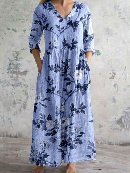 Women's Elegant Ink Painting Floral Pattern Cotton and Linen Dress with Pockets