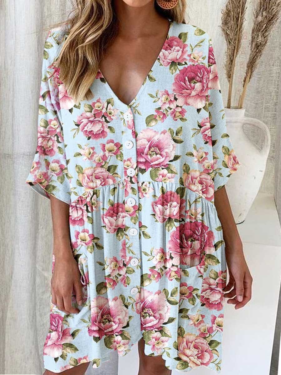 Women's Elegant Rose Floral Pattern V-Neck Cardigan Cotton and Linen Dress