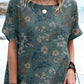 Women's Elegant Decorative Floral Pattern Round Neck Cotton and Linen Top