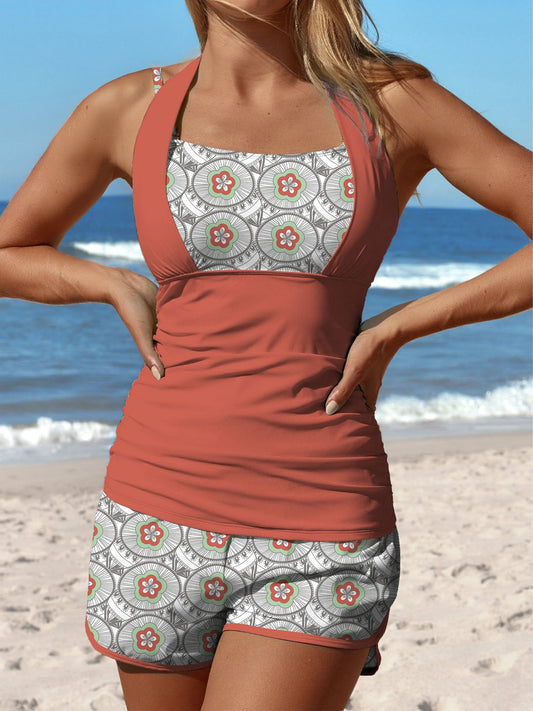 Light Red Round Textured Flowers Print Halter Patchwork Mid Waisted Tankini Short Set Swimsuit
